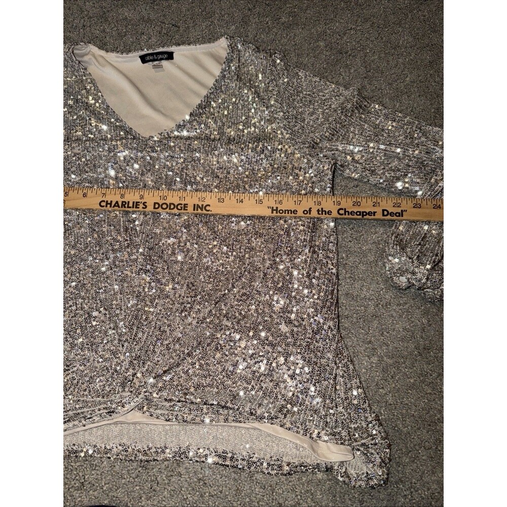 Party Dance Gold Silver Sequin Balloon Sleeve Blouse Twist Front XL Cable & Gaug - Picture 5 of 12